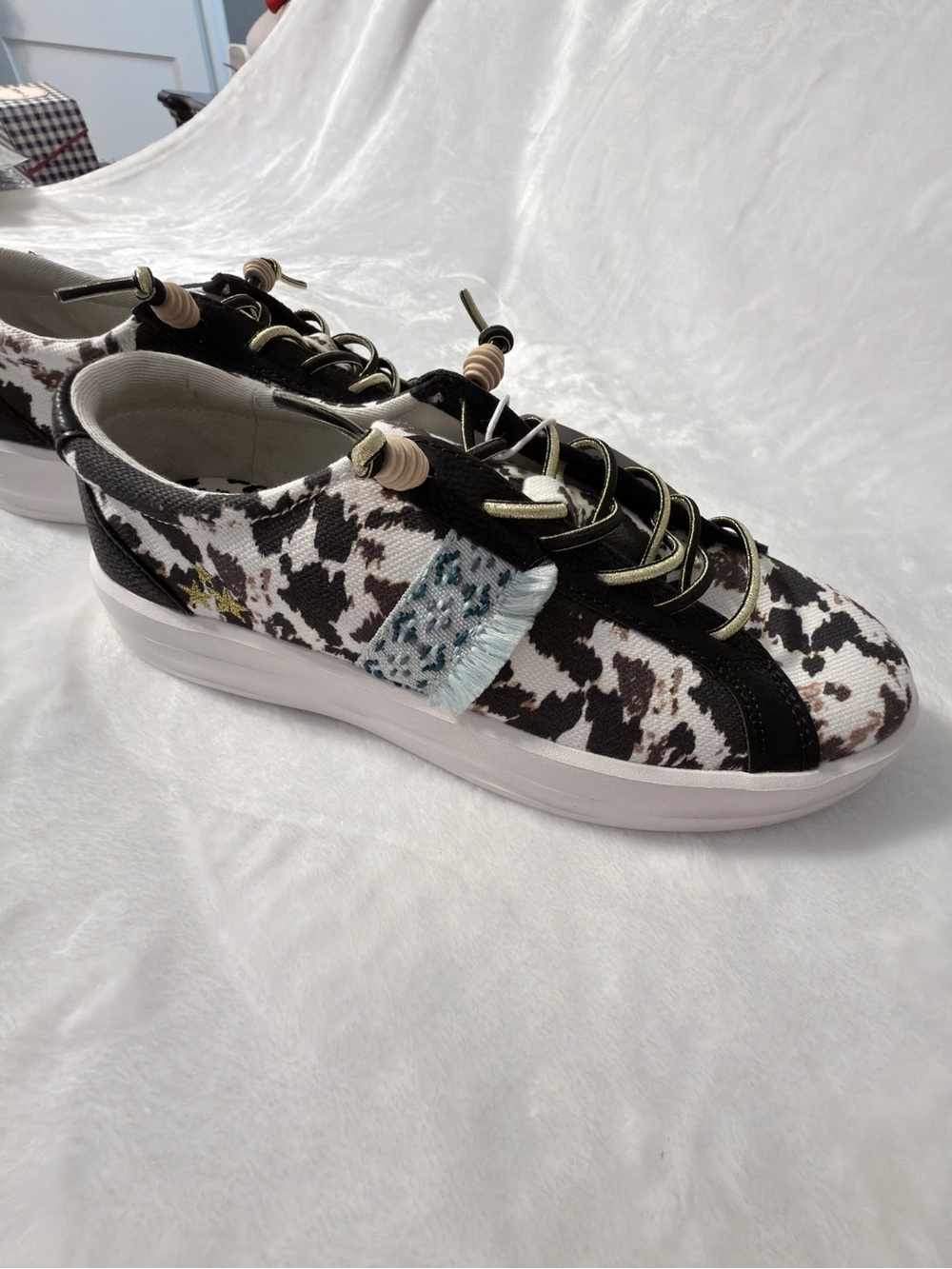 Hey Dude Casual Cowprint Lace-Up Women's Sneakers - Black & White